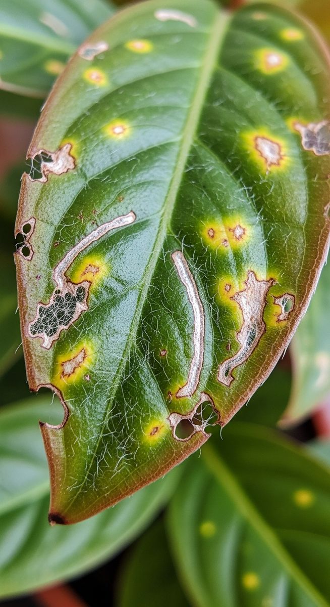 close-up of pest damage on a mixed houseplants leaf