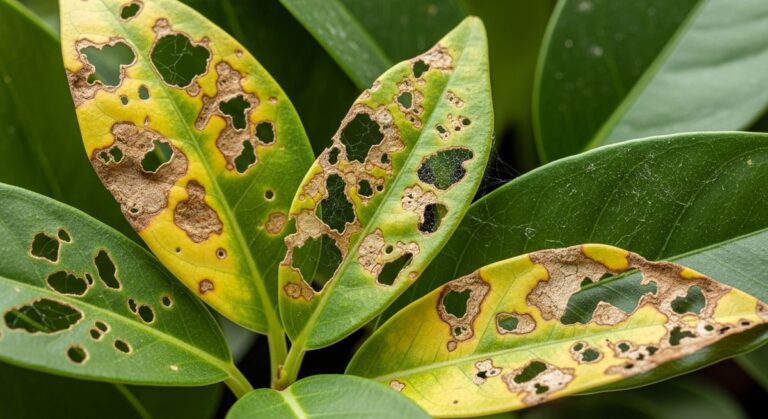 close-up of mixed houseplants leaves showing pest damage and discolouration, for get rid gnats plants