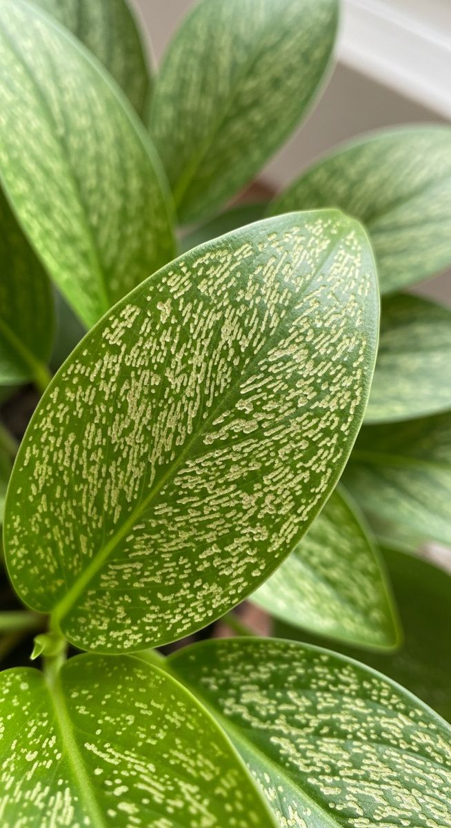 close-up of houseplant foliage leaves showing stippling from pest damage
