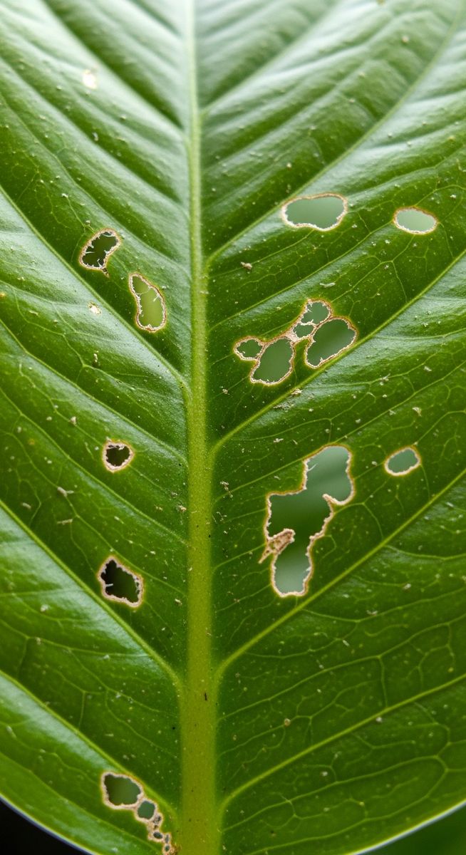 close-up of pest damage on a houseplant foliage leaf