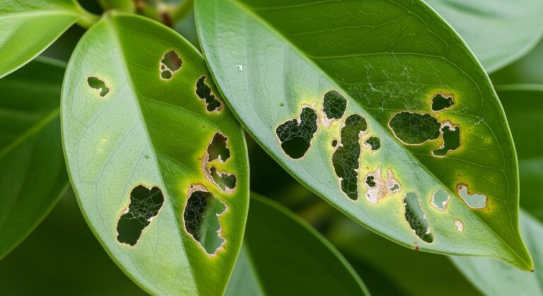 close-up of houseplant foliage leaves showing pest damage and discolouration, for get rid thrips houseplants
