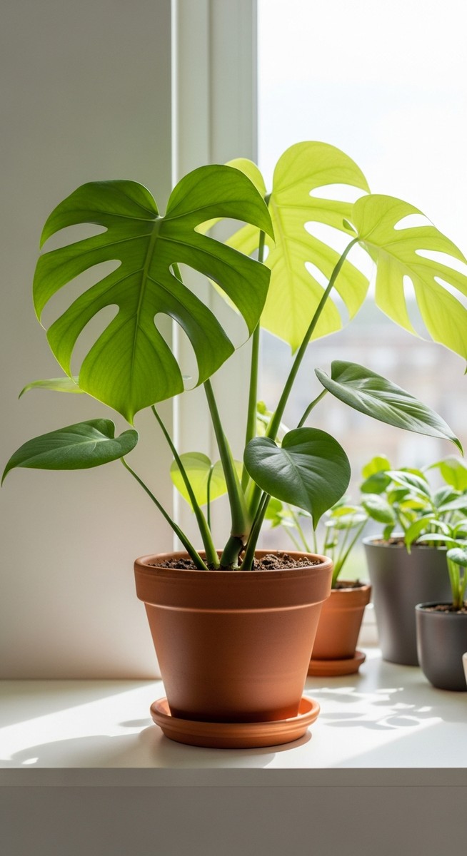 a lush monstera plant in a terracotta pot on a white shelf