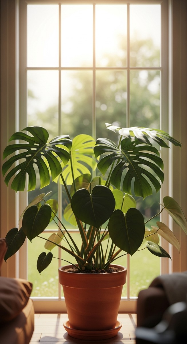 a monstera plant in a pot near a bright window