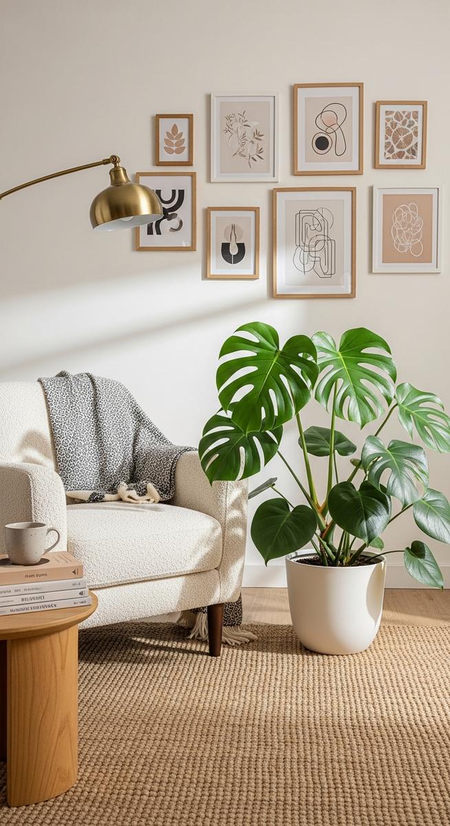 a large thriving monstera plant as a living room focal point, for giant monstera