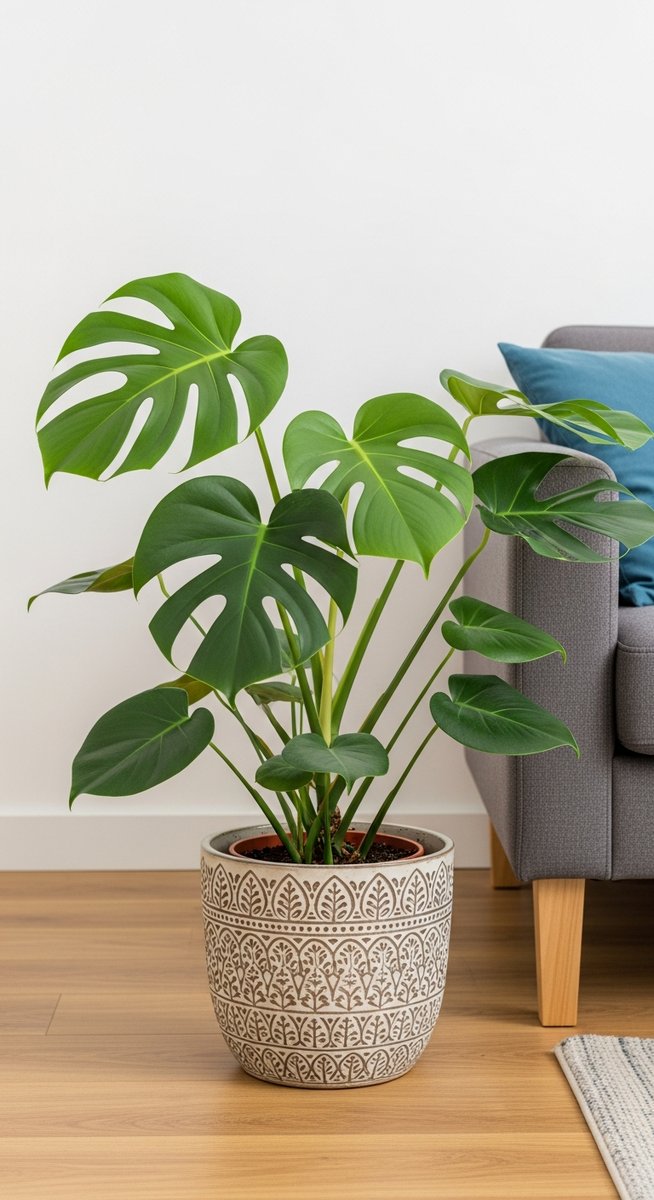 a monstera plant in a decorative pot on a wooden floor