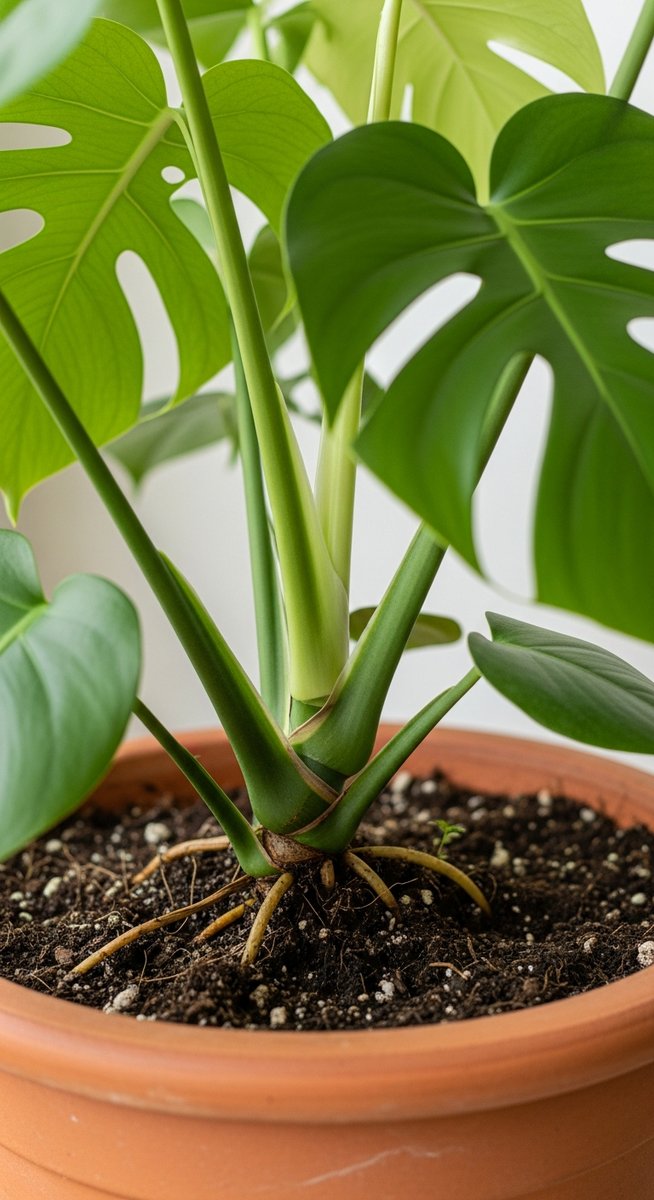 close-up of the base and lower leaves of a monstera plant, for giant monstera