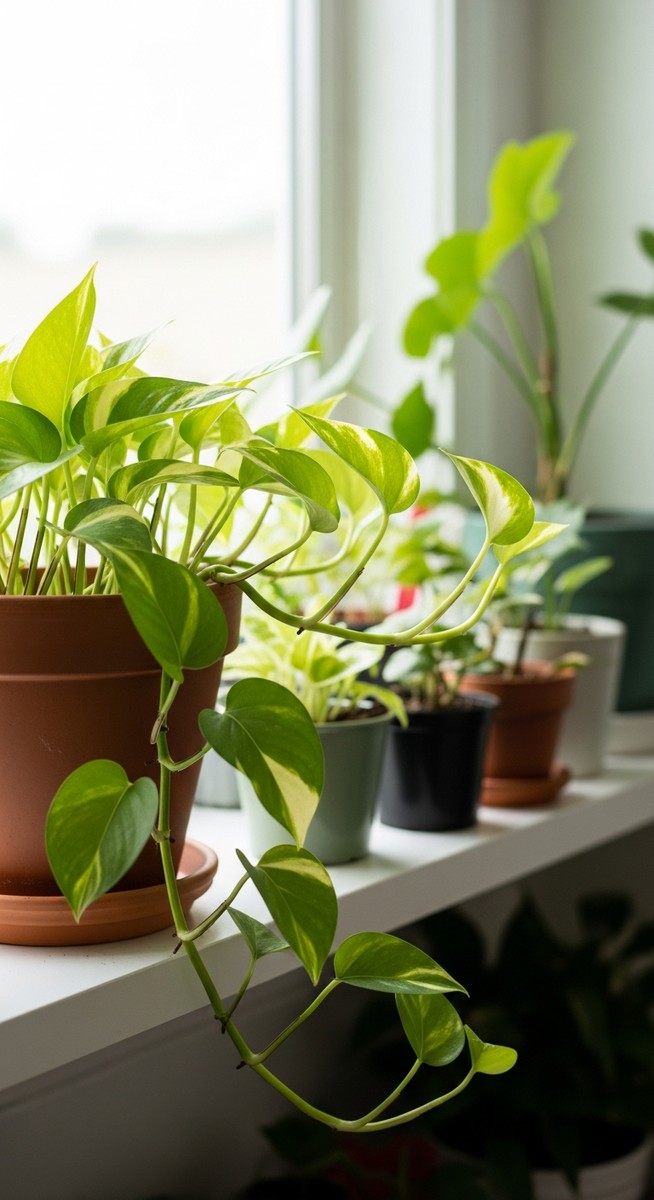 a lush pothos plant in a terracotta pot on a white shelf