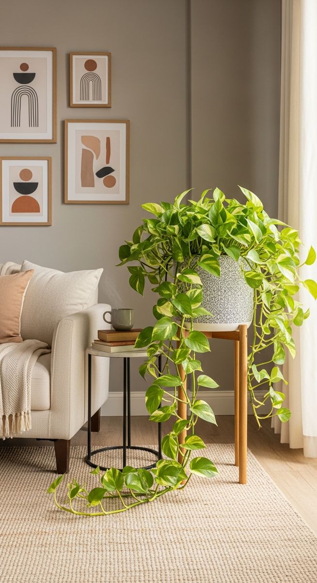 a large thriving pothos plant as a living room focal point, for global green pothos