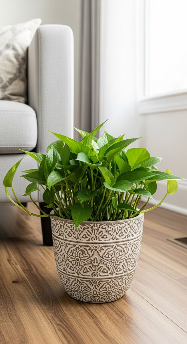 a pothos plant in a decorative pot on a wooden floor