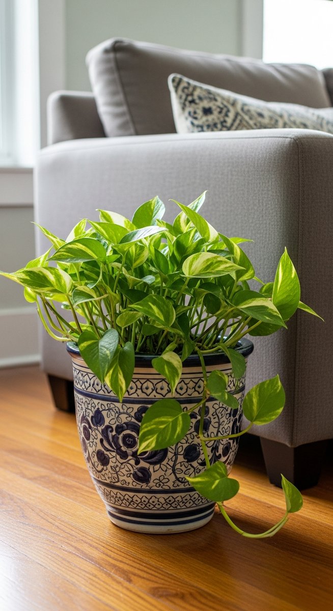 a pothos plant in a decorative pot on a wooden floor