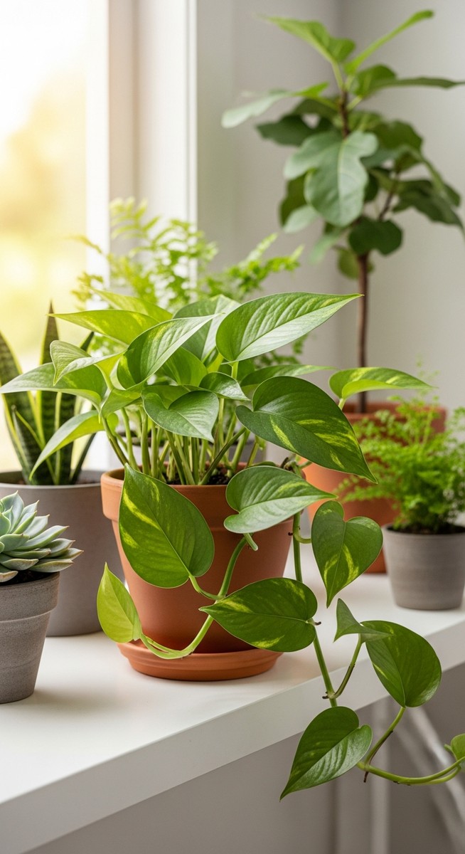 a lush pothos plant in a terracotta pot on a white shelf