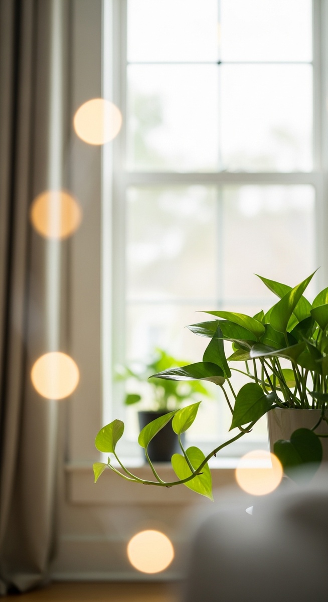 a pothos plant in a pot near a bright window