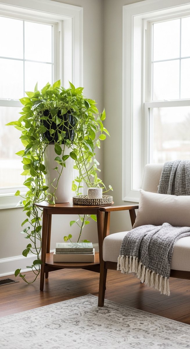 a large thriving pothos plant as a living room focal point, for golden pothos care guide