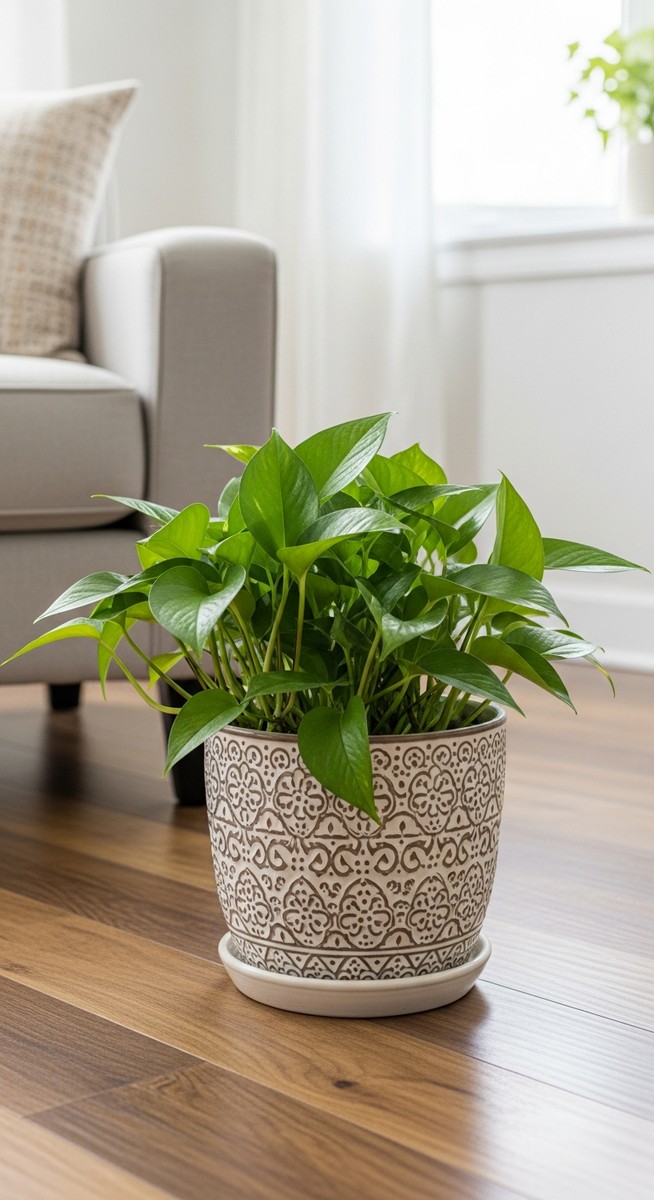a pothos plant in a decorative pot on a wooden floor