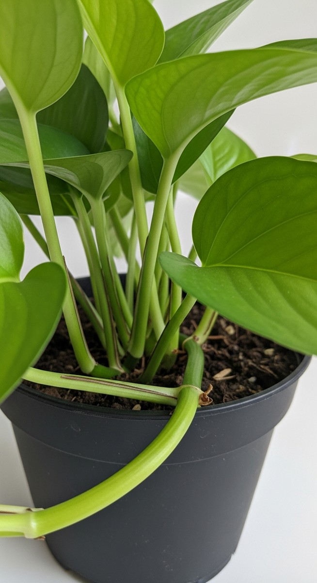 close-up of the base and lower leaves of a pothos plant, for golden pothos care guide