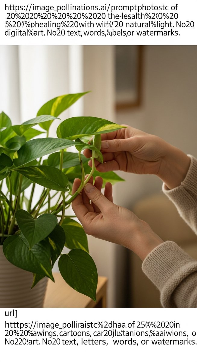 hands touching the leaves of a healthy pothos plant