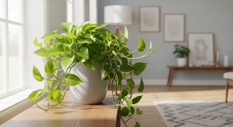 a healthy pothos plant displayed in a bright modern living room, for golden pothos care guide