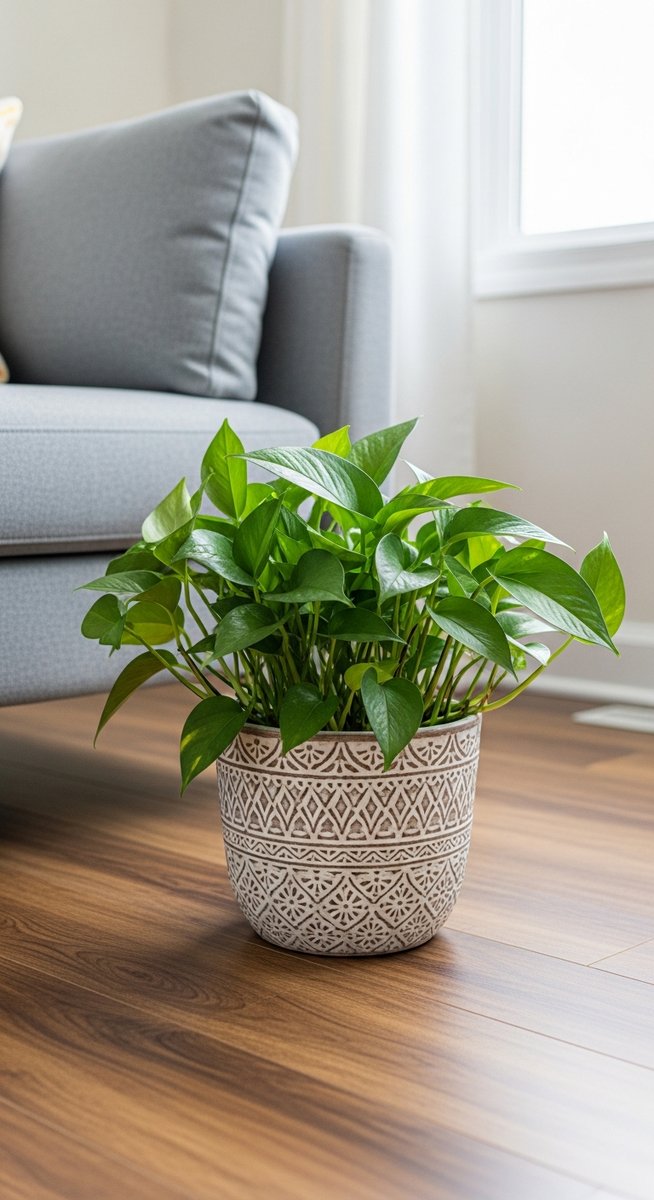 a pothos plant in a decorative pot on a wooden floor