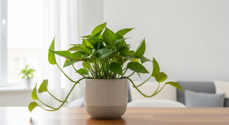 a healthy pothos plant displayed in a bright modern living room, for green queen pothos