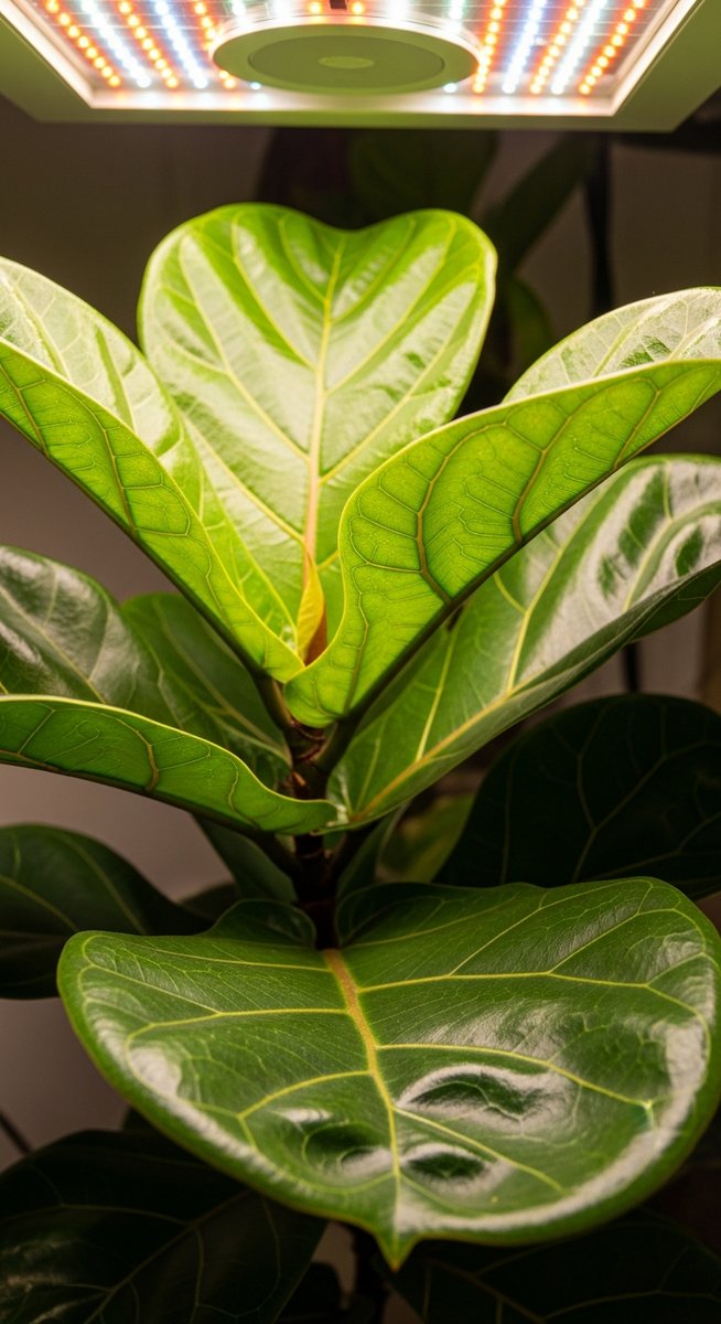 close-up of fiddle leaf fig leaves thriving under grow light