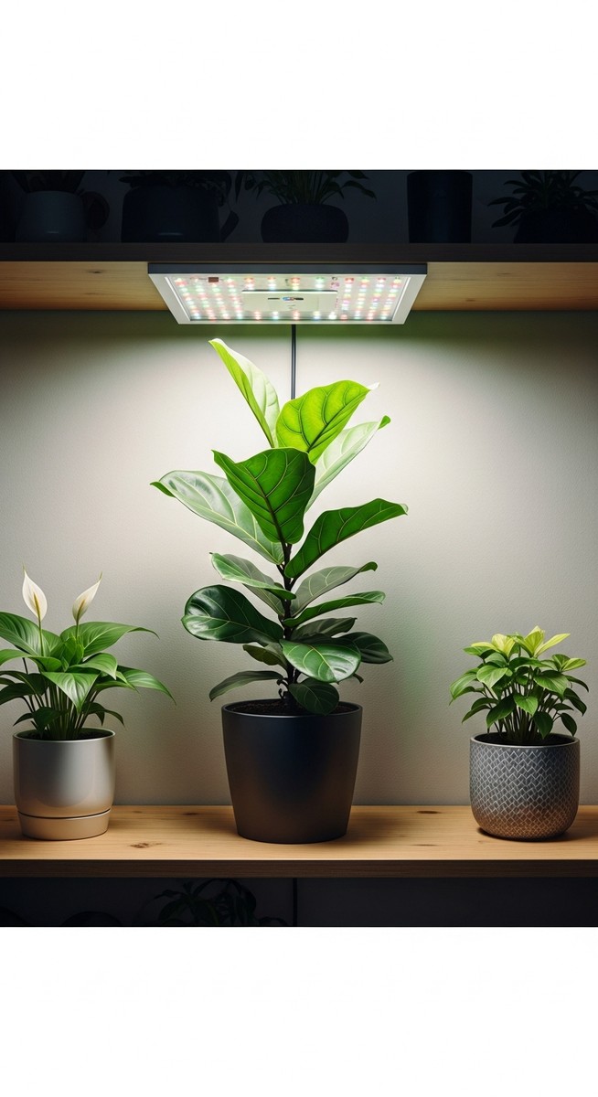 a fiddle leaf fig plant on a shelf under a grow light setup, for grow light fiddle leaf fig