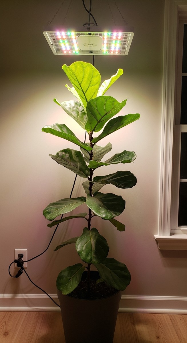 a fiddle leaf fig plant growing toward a grow light overhead, for grow light fiddle leaf fig