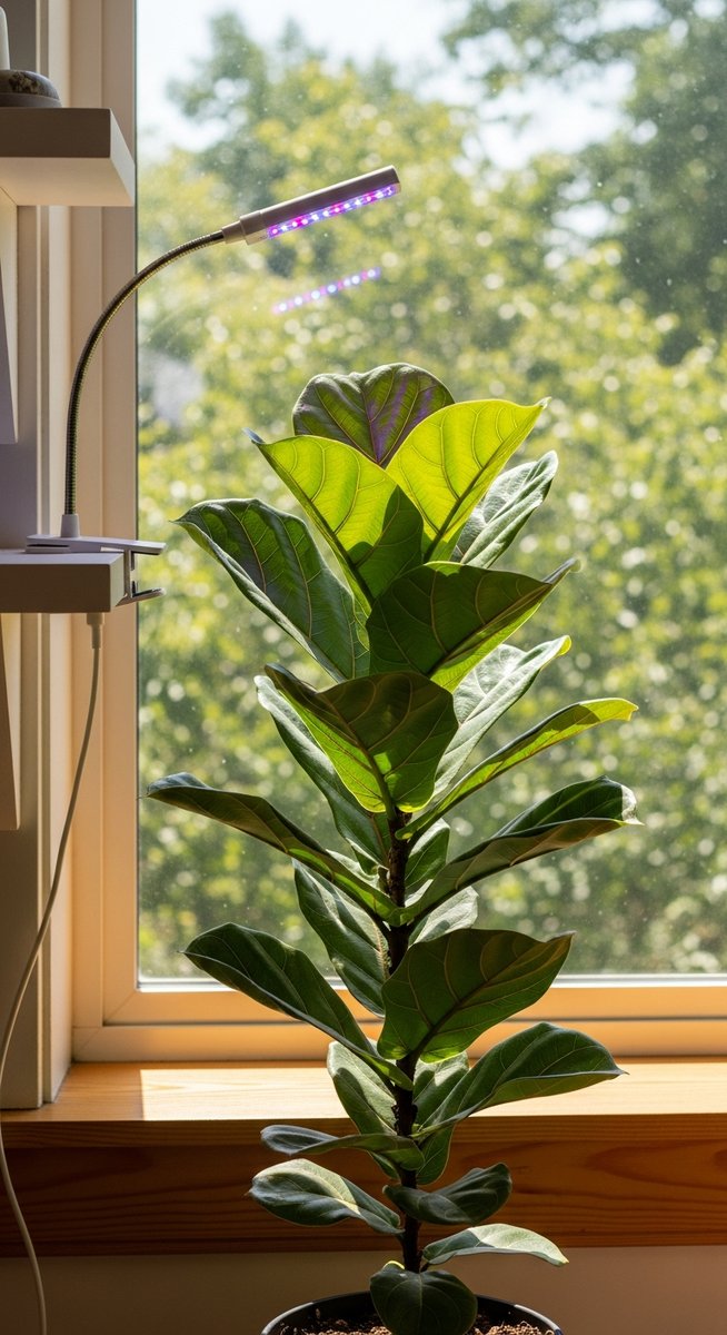 a fiddle leaf fig plant on a windowsill supplemented by a grow light