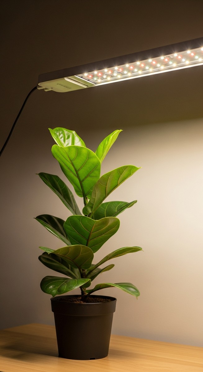 close-up of a grow light above a fiddle leaf fig plant