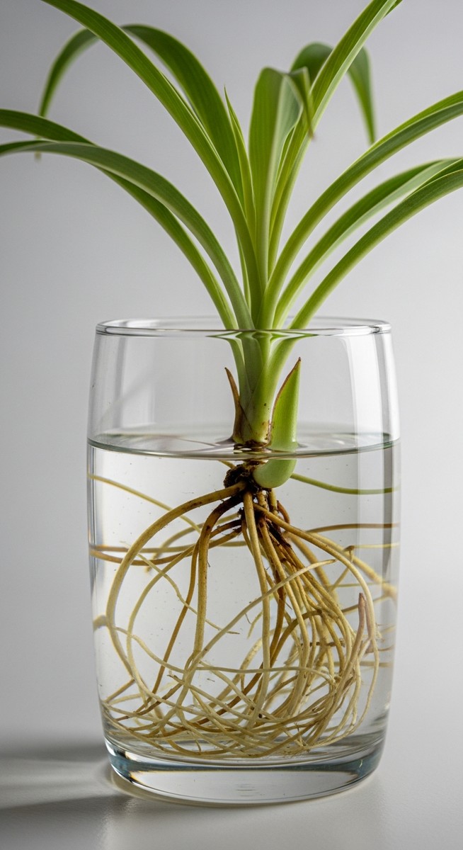 close-up of healthy white spider plant roots growing in a glass of water, for grow spider plants water