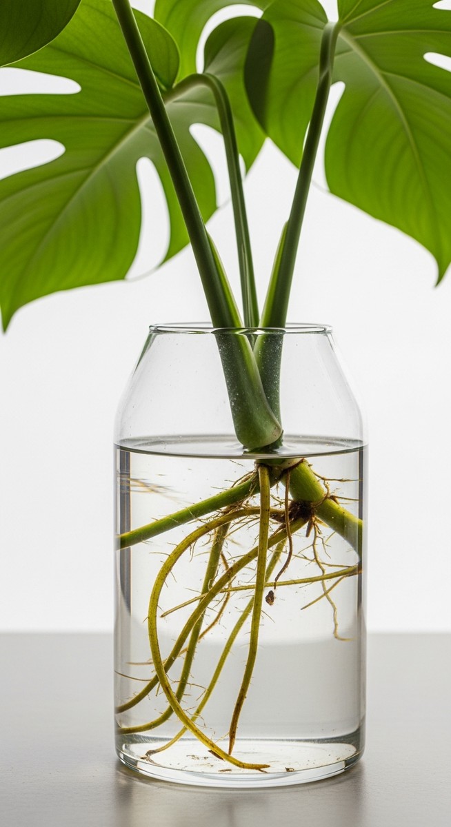 close-up of monstera roots growing in a clear glass container of water