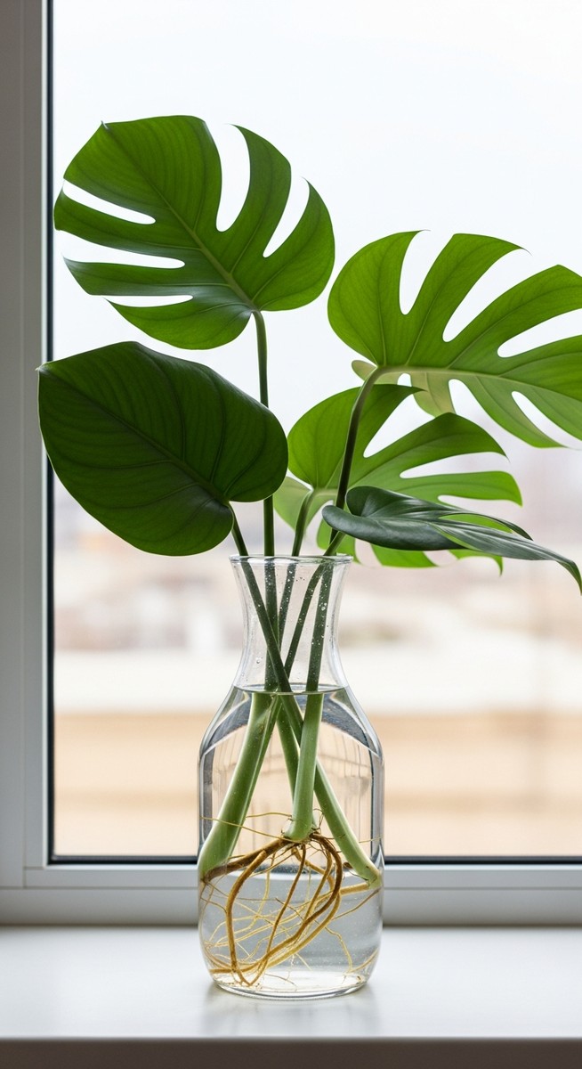 a monstera plant in a glass vase of water on a windowsill with visible roots, for growing monstera water