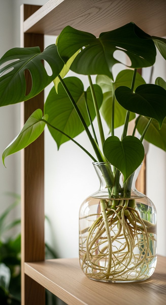 a monstera plant thriving in a glass of water on a shelf