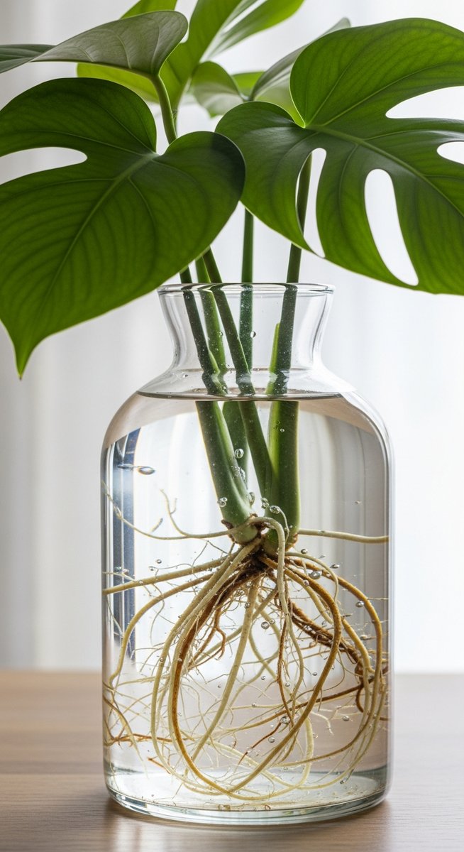 a clear glass vase containing a monstera plant with visible roots in water, for growing monstera water