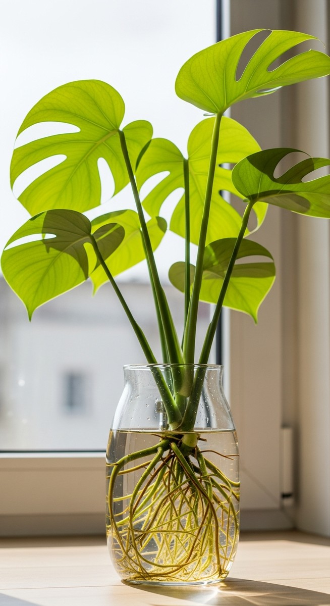a monstera plant growing hydroponically in a glass of water
