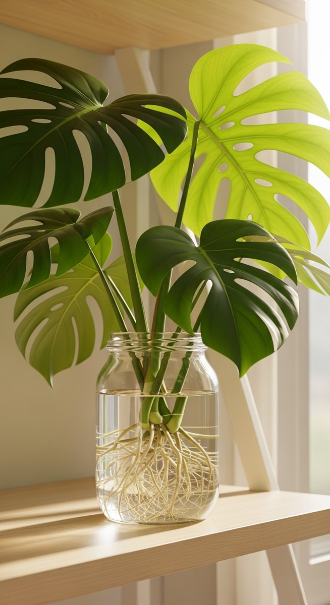 a monstera plant thriving in a glass of water on a shelf
