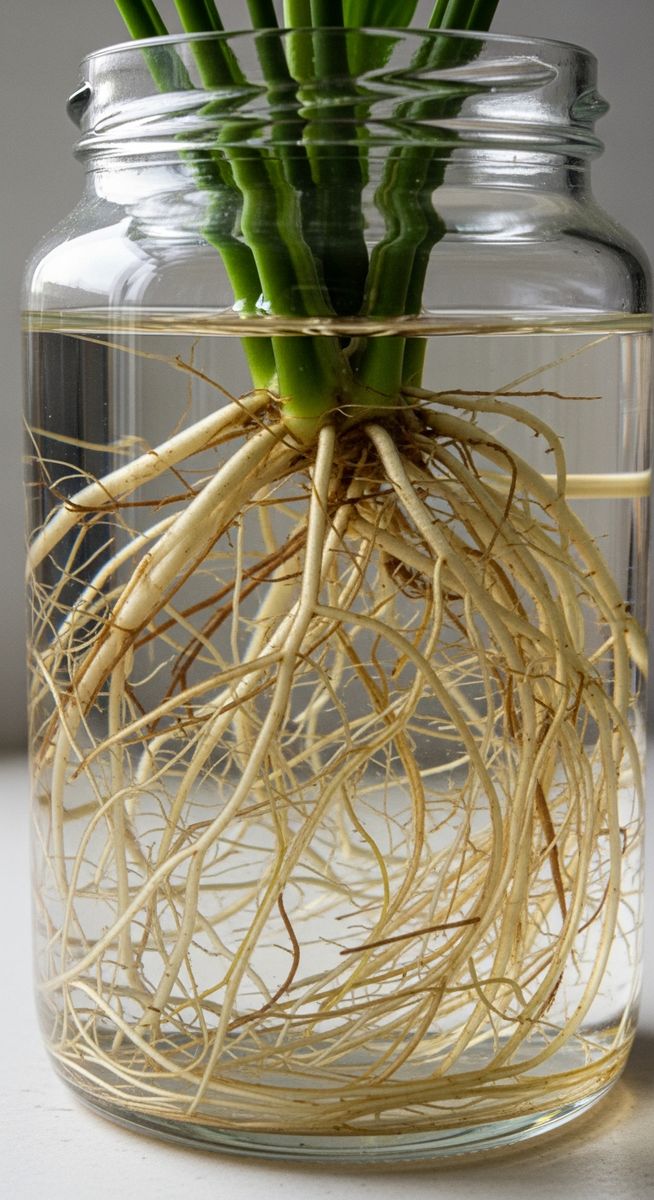 close-up of peace lily roots growing in a clear glass container of water
