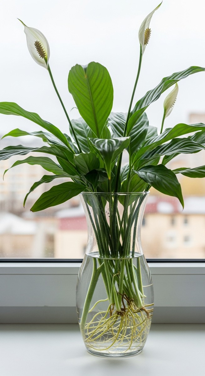 a peace lily plant in a glass vase of water on a windowsill with visible roots, for growing peace lilies in water