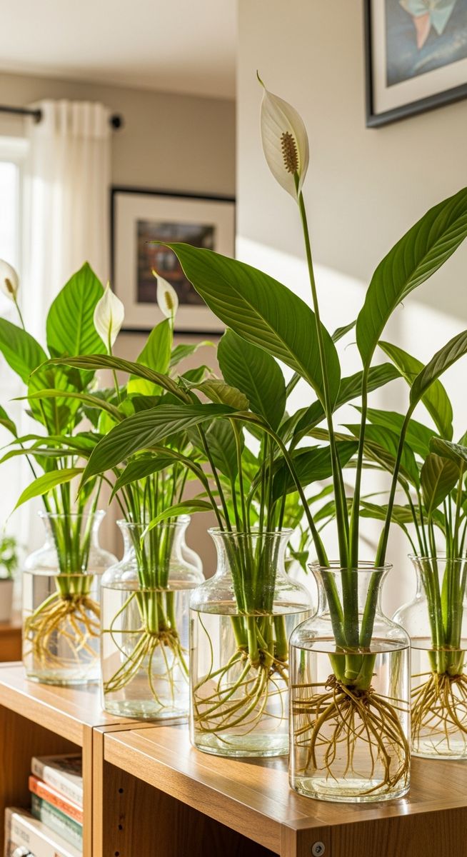 several peace lily plants growing in water in clear glass vases