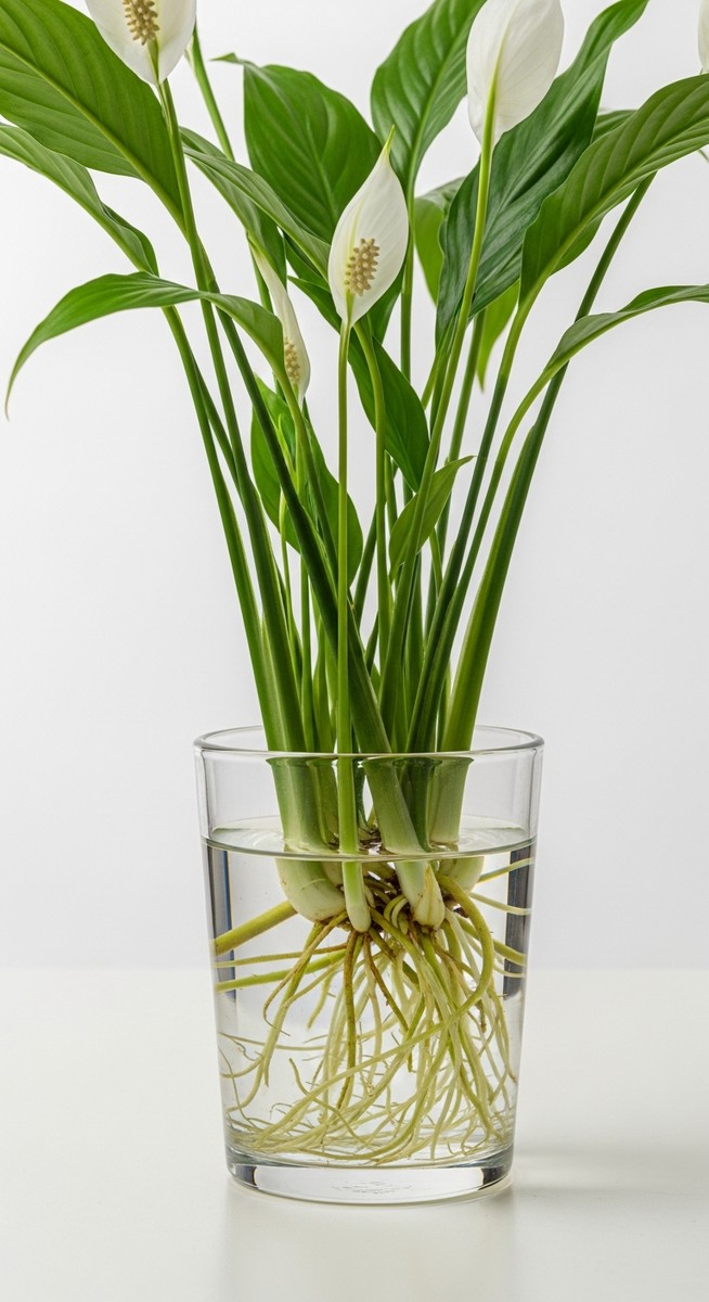 close-up of healthy white peace lily roots growing in a glass of water, for growing peace lilies in water