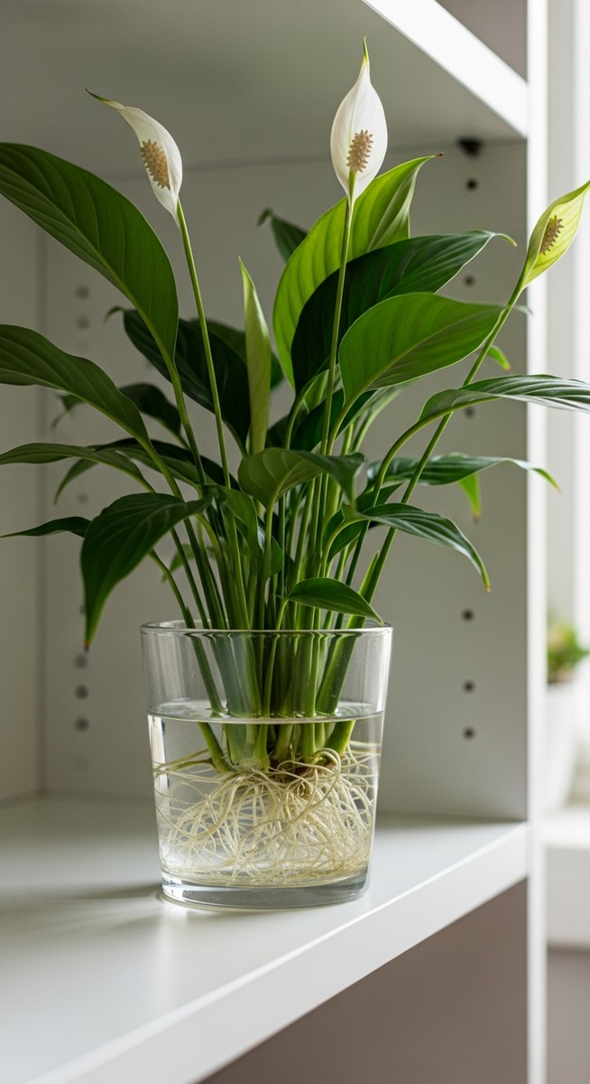 a peace lily plant thriving in a glass of water on a shelf