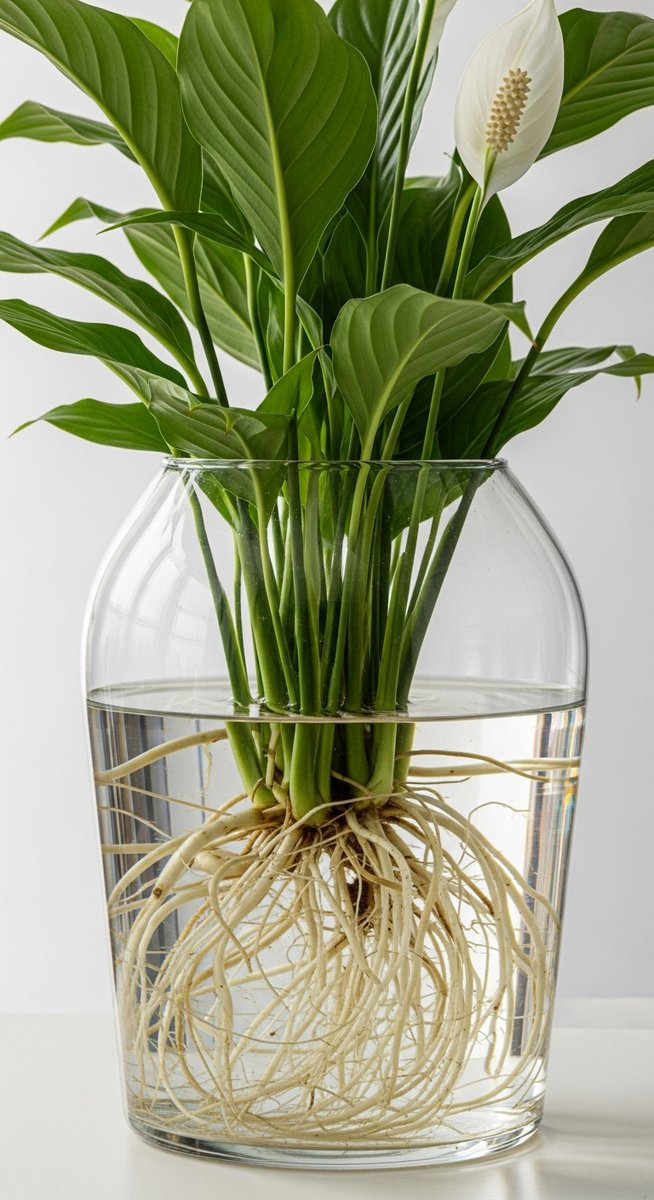 a clear glass vase containing a peace lily plant with visible roots in water, for growing peace lilies in water