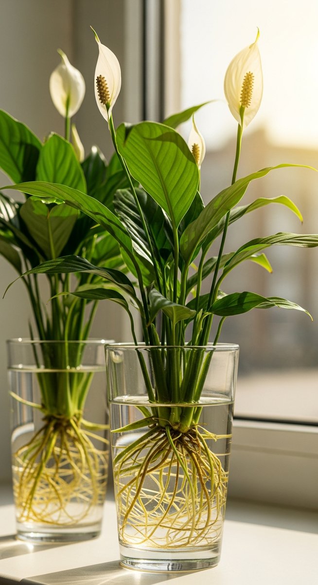 a peace lily plant growing hydroponically in a glass of water