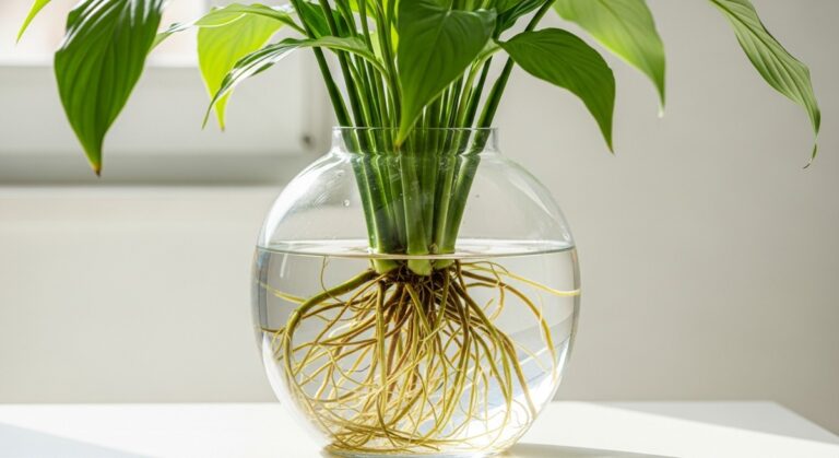 a peace lily plant growing with roots submerged in a clear vase of water, for growing peace lilies in water