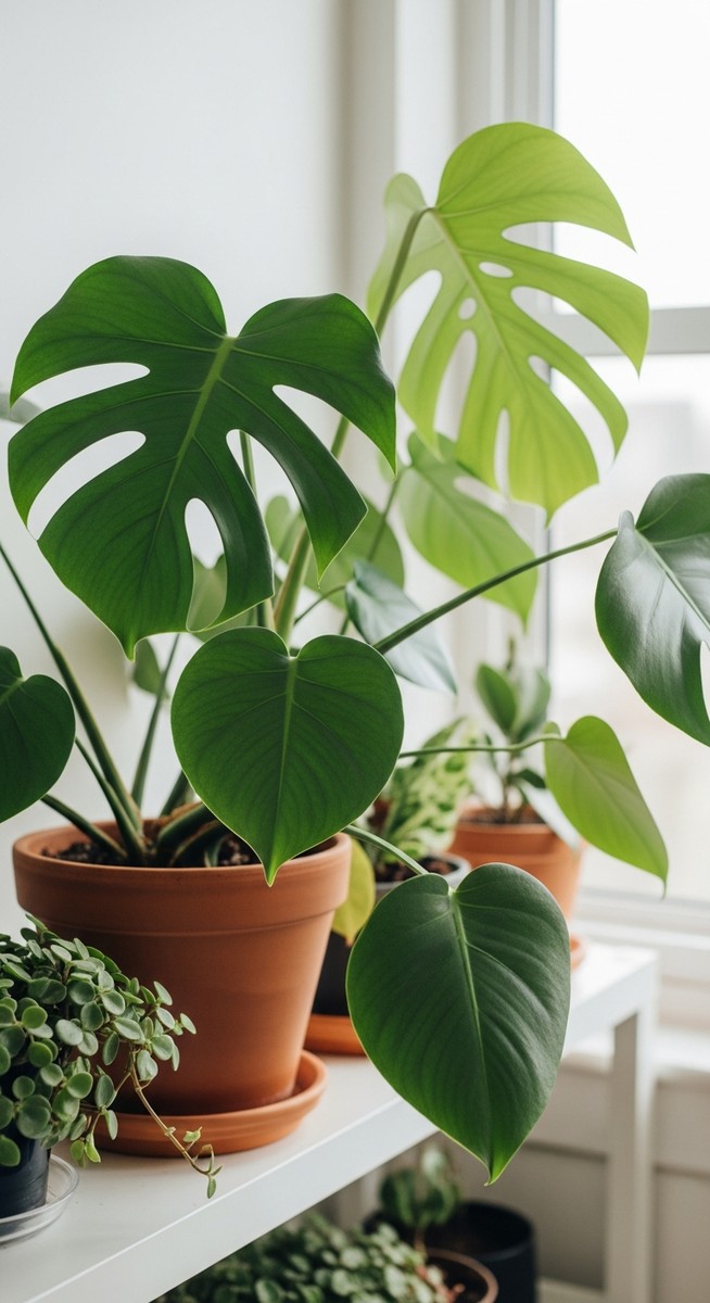 a lush monstera plant in a terracotta pot on a white shelf