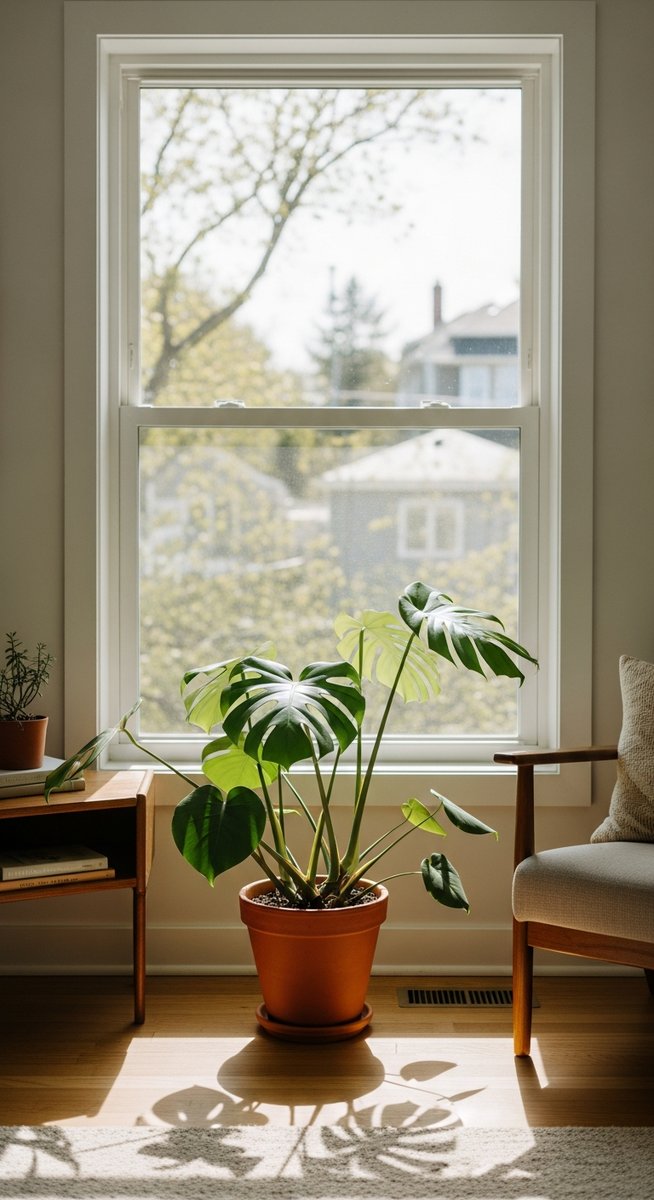 a monstera plant in a pot near a bright window