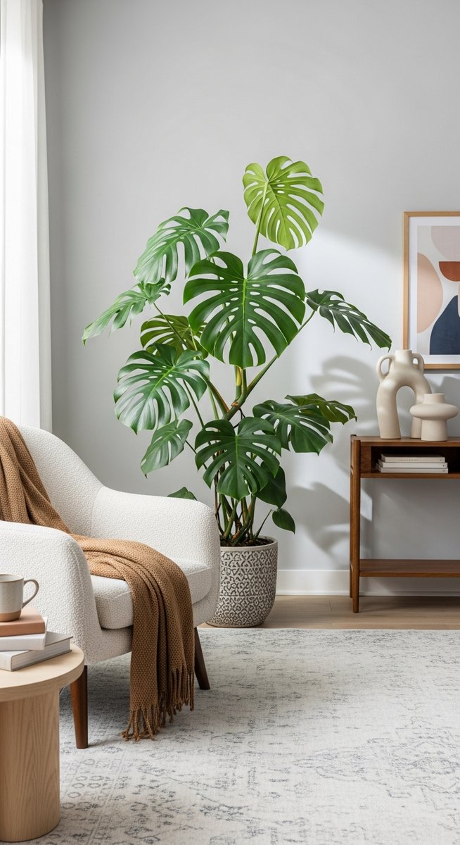a large thriving monstera plant as a living room focal point, for half moon monstera