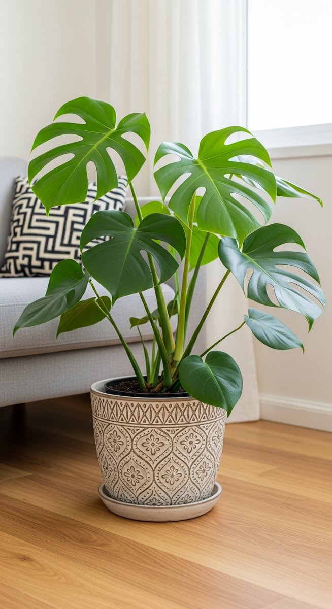 a monstera plant in a decorative pot on a wooden floor