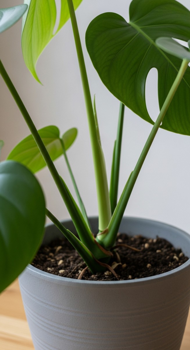 close-up of the base and lower leaves of a monstera plant, for half moon monstera