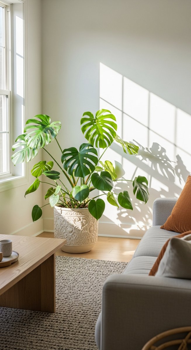 a monstera plant in a decorative pot as a focal point in a bright home interior