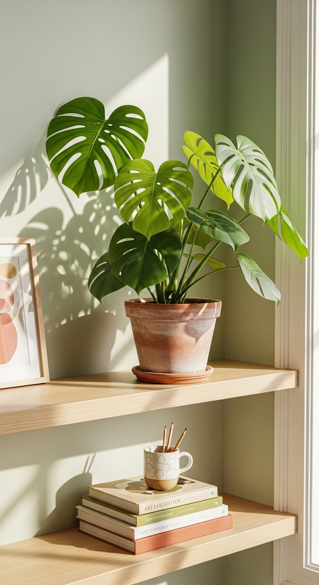 a monstera plant displayed on a shelf in a bright home interior, for hanging monstera